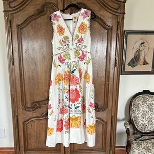 FARM Rio White and Orange V-Neck Sleeveless Maxi Dress